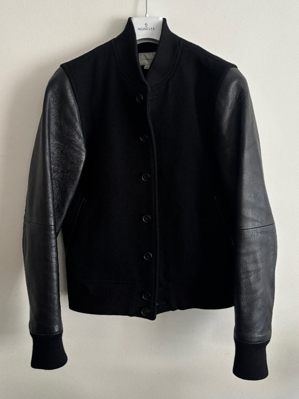 $698 Club Monaco Black Wool Leather Sleeve Varsity Bomber Jacket - Small